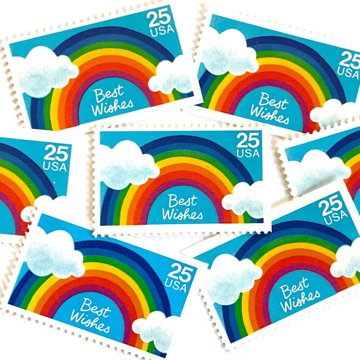 Best Wishes postage stamps from 1988 featuring a colorful rainbow against a bright blue sky on vintage unused 25-cent USPS postage, Scott 2396.
