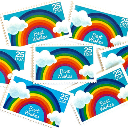Best Wishes postage stamps from 1988 featuring a colorful rainbow against a bright blue sky on vintage unused 25-cent USPS postage, Scott 2396.