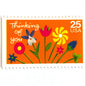 Thinking of You postage stamps from 1988 featuring colorful folk art flowers against a sunny orange background on vintage unused 25-cent USPS postage, Scott 2397.