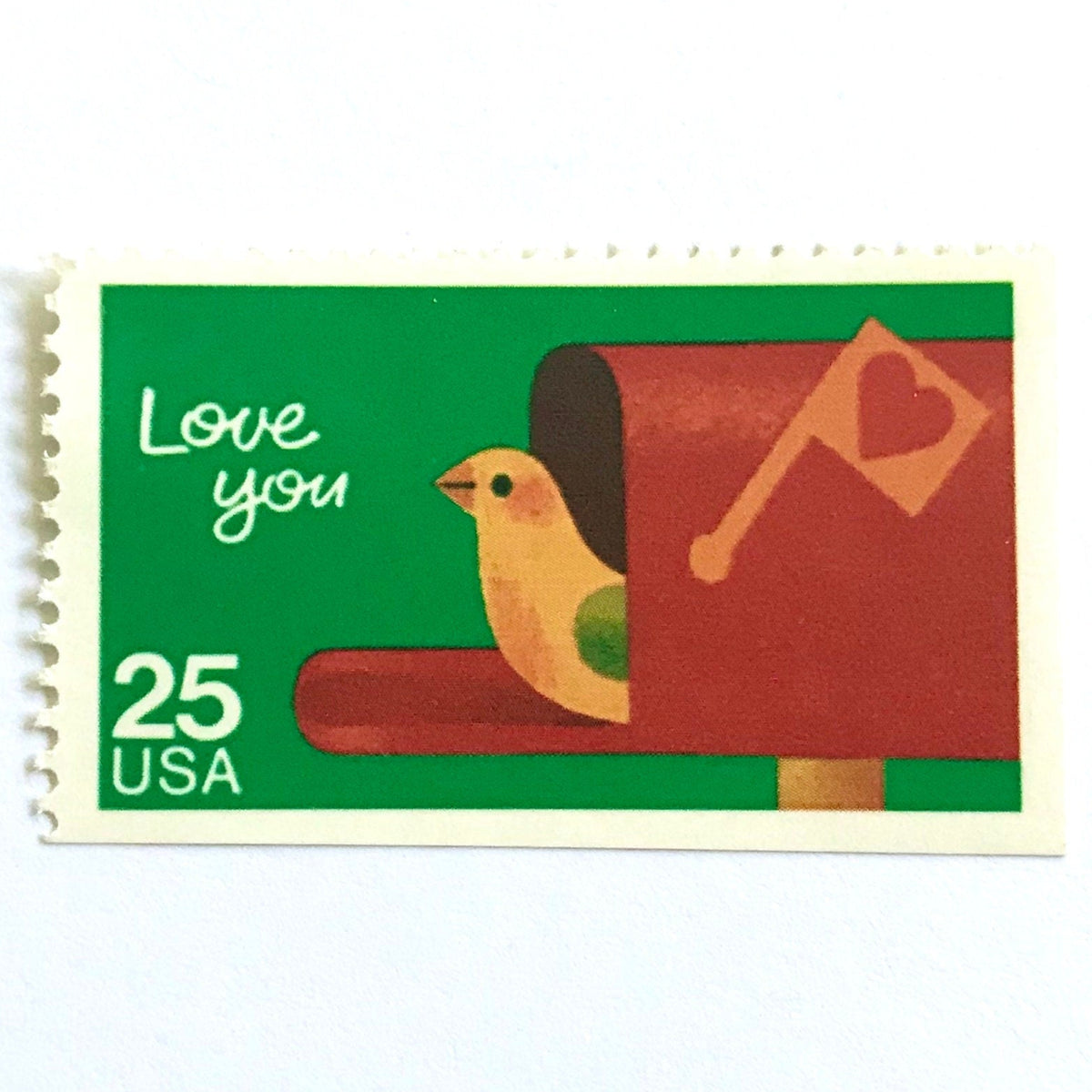 Love You postage stamp from 1988 featuring a bird peeking from an open mailbox against a green background on vintage unused 25-cent USPS postage, Scott 2398.