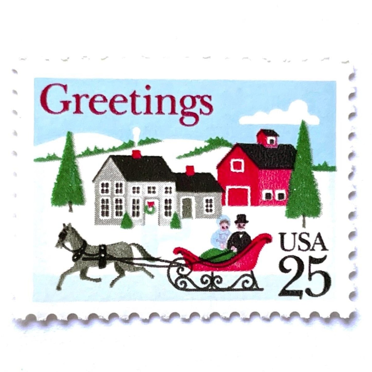 Image of 1988 Contemporary Christmas “Sleigh and Village Scene” 25-cent stamps. Scott #2400. Stamp Themes: Christmas, Holidays, Sleigh Ride, Snow, Greetings, White Christmas, Irving Berlin. Red, Green, White, Multicolored postage stamp.
