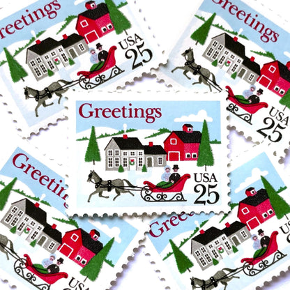 Image of 1988 Contemporary Christmas “Sleigh and Village Scene” 25-cent stamps. Scott #2400. Stamp Themes: Christmas, Holidays, Sleigh Ride, Snow, Greetings, White Christmas, Irving Berlin. Red, Green, White, Multicolored postage stamp.