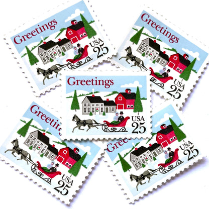 Image of 1988 Contemporary Christmas “Sleigh and Village Scene” 25-cent stamps. Scott #2400. Stamp Themes: Christmas, Holidays, Sleigh Ride, Snow, Greetings, White Christmas, Irving Berlin. Red, Green, White, Multicolored postage stamp.