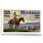 Image of Montana Statehood postage stamps from 1989, featuring C.M. Russell Western art with a cowboy on horseback and riders on vintage unused 25-cent USPS postage, Scott 2401.