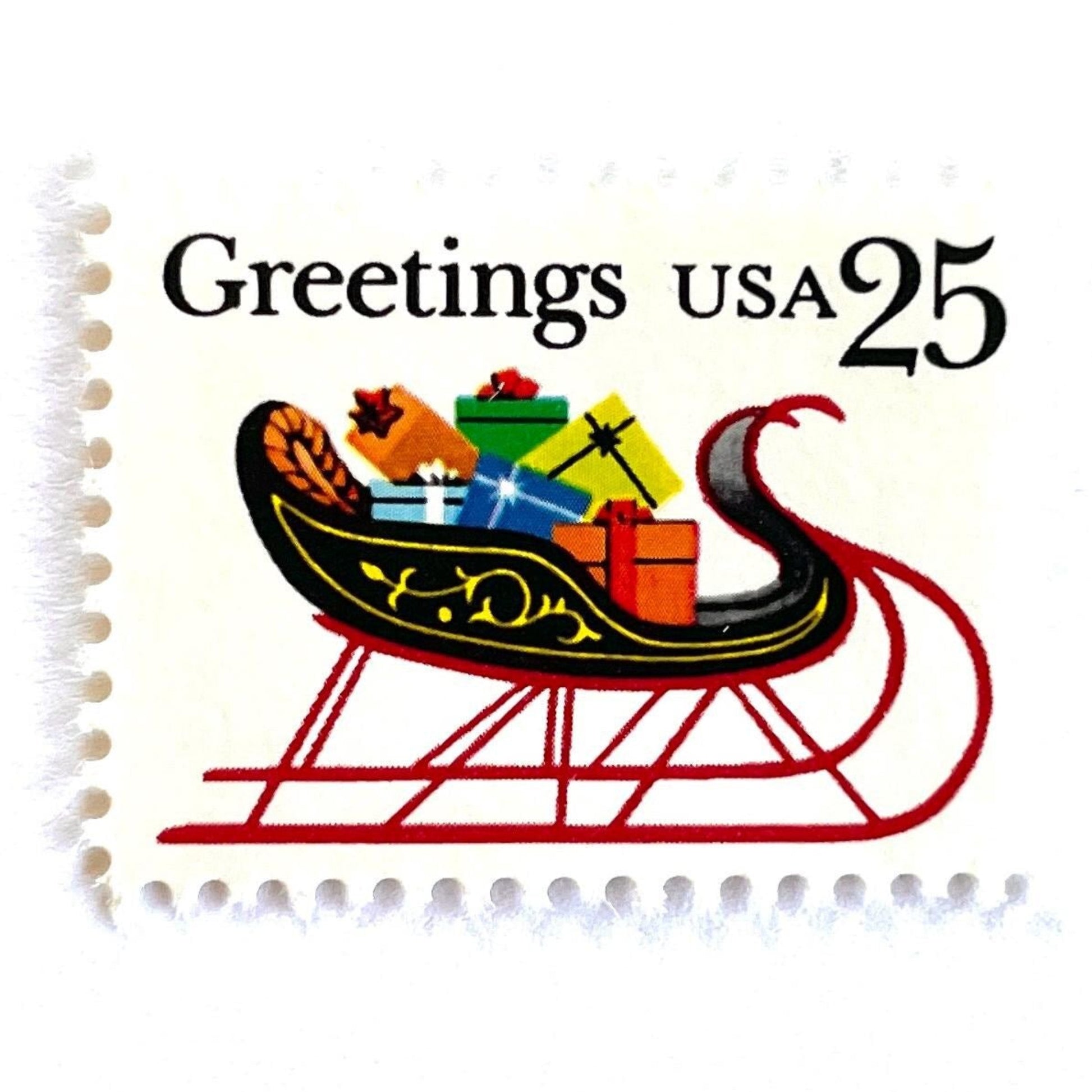 Image of 1989 Contemporary Christmas “Sleigh with Presents” 25-cent stamps. Scott #2428. Stamp Themes: Christmas, Holidays, Sleigh, Santa, Presents, Gifts, Greetings. Multicolored postage stamp.