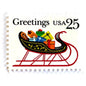 Image of 1989 Contemporary Christmas “Sleigh with Presents” 25-cent stamps. Scott #2428. Stamp Themes: Christmas, Holidays, Sleigh, Santa, Presents, Gifts, Greetings. Multicolored postage stamp.