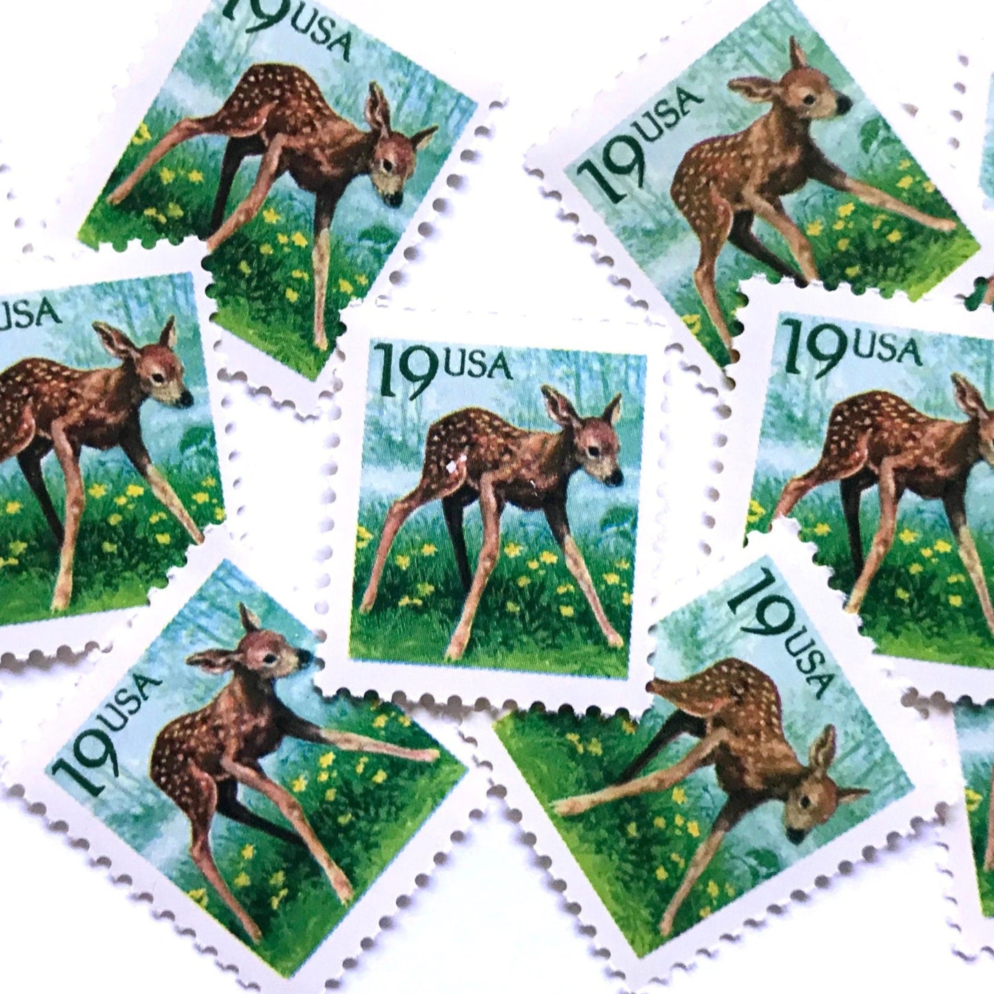 Image of four 19 cent Flora & Fauna Series 1991 Fawn stamps. Scott #2479. Stamp themes: Young Deer, Doe, Calf, Baby, Youth, Spring, Bambi, Birth. Green and blue postage stamp.