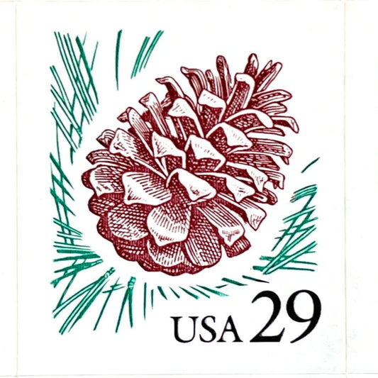 Image of 1993 Flora and Fauna “Pine Cone” 29-cent stamps. Scott #2491. Stamp Themes: Pinecone, Evergreen, Ponderosa Pine, Christmas, Holidays. Red and green postage stamp.