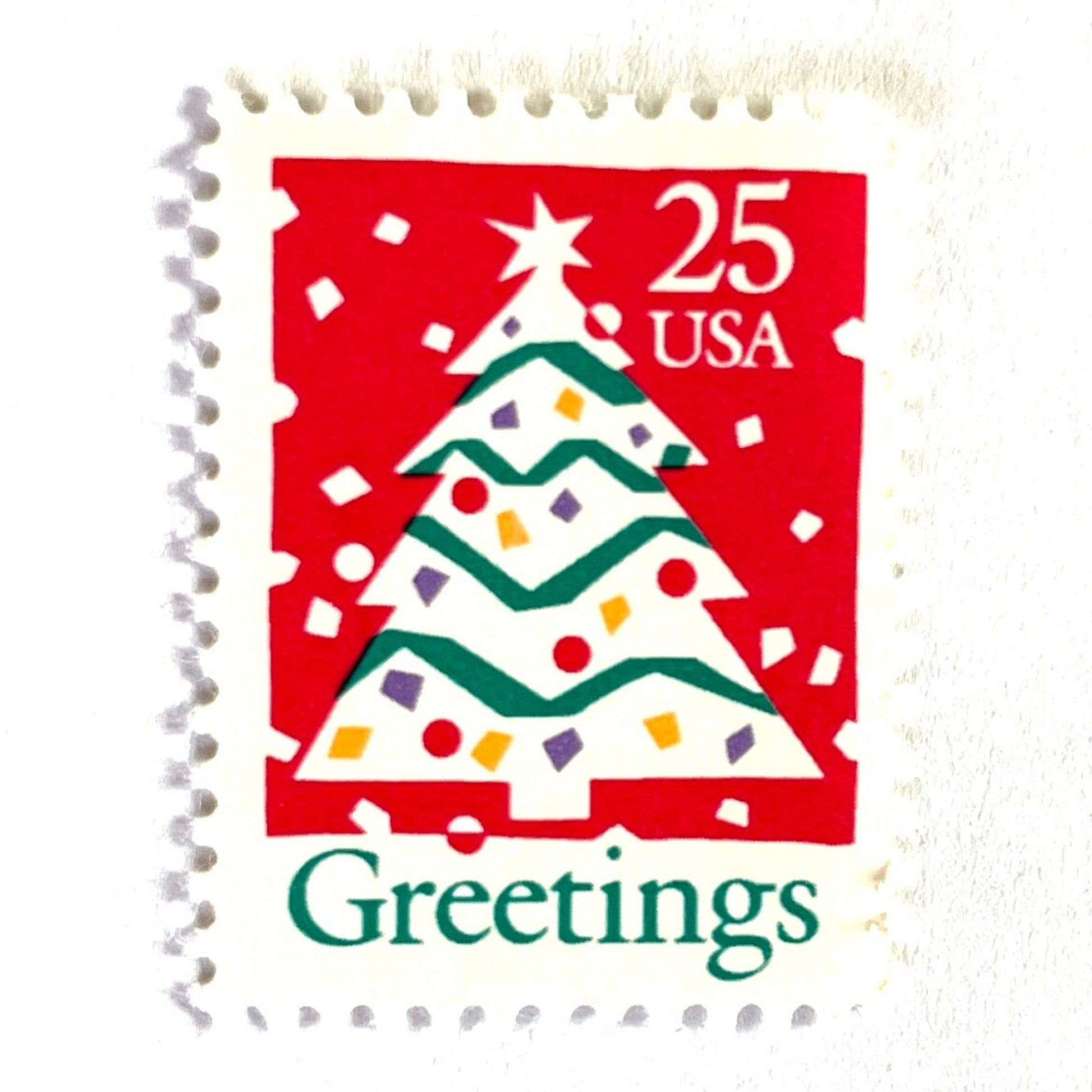 Image of 1990 Contemporary Christmas “Christmas Tree and Greetings” 25-cent stamps. Scott #2515. Stamp Themes: Christmas Decorations, Snow, Snowing, Greetings. Red, green, white postage stamp.