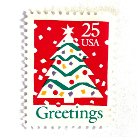 Image of 1990 Contemporary Christmas “Christmas Tree and Greetings” 25-cent stamps. Scott #2515. Stamp Themes: Christmas Decorations, Snow, Snowing, Greetings. Red, green, white postage stamp.
