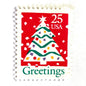 Image of 1990 Contemporary Christmas “Christmas Tree and Greetings” 25-cent stamps. Scott #2515. Stamp Themes: Christmas Decorations, Snow, Snowing, Greetings. Red, green, white postage stamp.