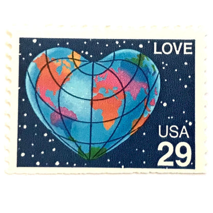 Heart-Shaped Globe postage stamp from 1991 featuring the Earth shaped like a heart with colorful continents on vintage unused 29-cent USPS postage, Scott 2535.