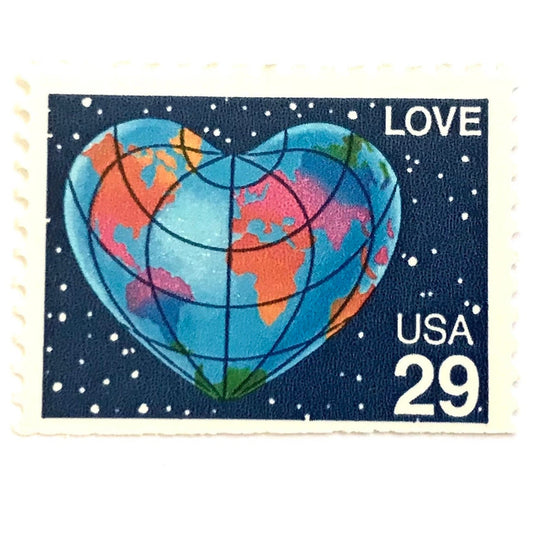 Heart-Shaped Globe postage stamp from 1991 featuring the Earth shaped like a heart with colorful continents on vintage unused 29-cent USPS postage, Scott 2535.