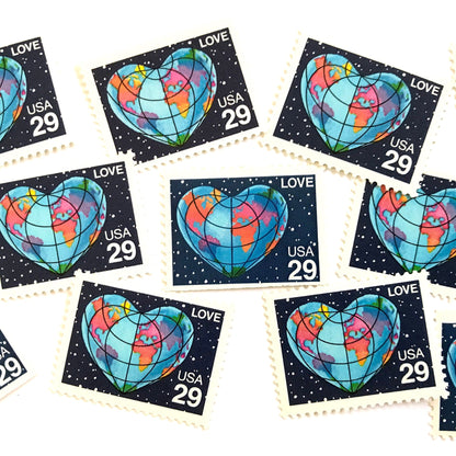 Heart-Shaped Globe postage stamps from 1991 featuring the Earth shaped like a heart with colorful continents on vintage unused 29-cent USPS postage, Scott 2535.