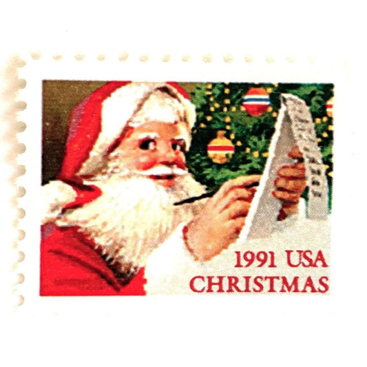 Image of 1991 Contemporary Christmas “Santa Checking His List” 29-cent mail stamps. Scott #2582. Stamp Themes: Santa Claus, Christmas, Xmas, Holiday, Winter, Naughty or Nice. Red/multicolored postage stamp.