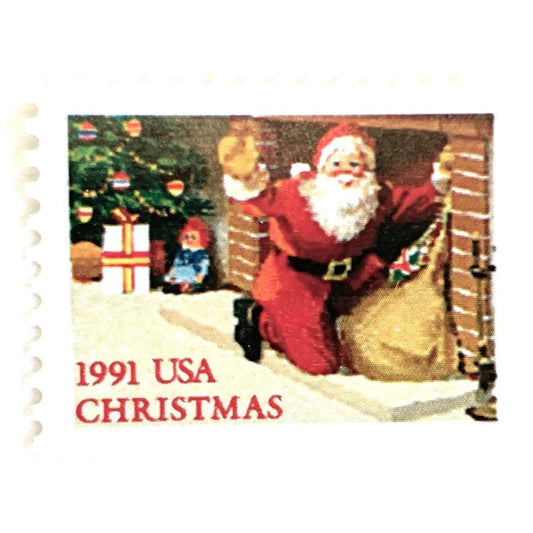Image of 1991 Contemporary Christmas “Santa in Fireplace” 29-cent mail stamps. Scott #2584. Stamp Themes: Santa Claus, Christmas, Xmas, Hearth. Red/multicolored postage stamp.