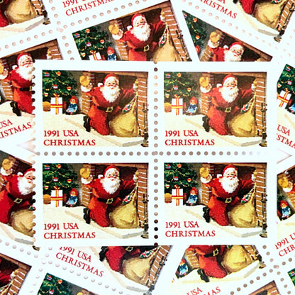 Image of 1991 Contemporary Christmas “Santa in Fireplace” 29-cent mail stamps. Scott #2584. Stamp Themes: Santa Claus, Christmas, Xmas, Hearth. Red/multicolored postage stamp.