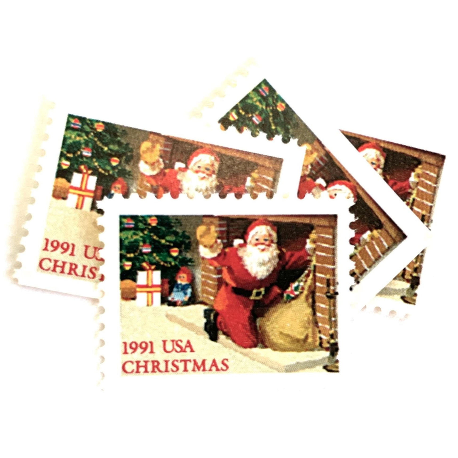 Image of 1991 Contemporary Christmas “Santa in Fireplace” 29-cent mail stamps. Scott #2584. Stamp Themes: Santa Claus, Christmas, Xmas, Hearth. Red/multicolored postage stamp.