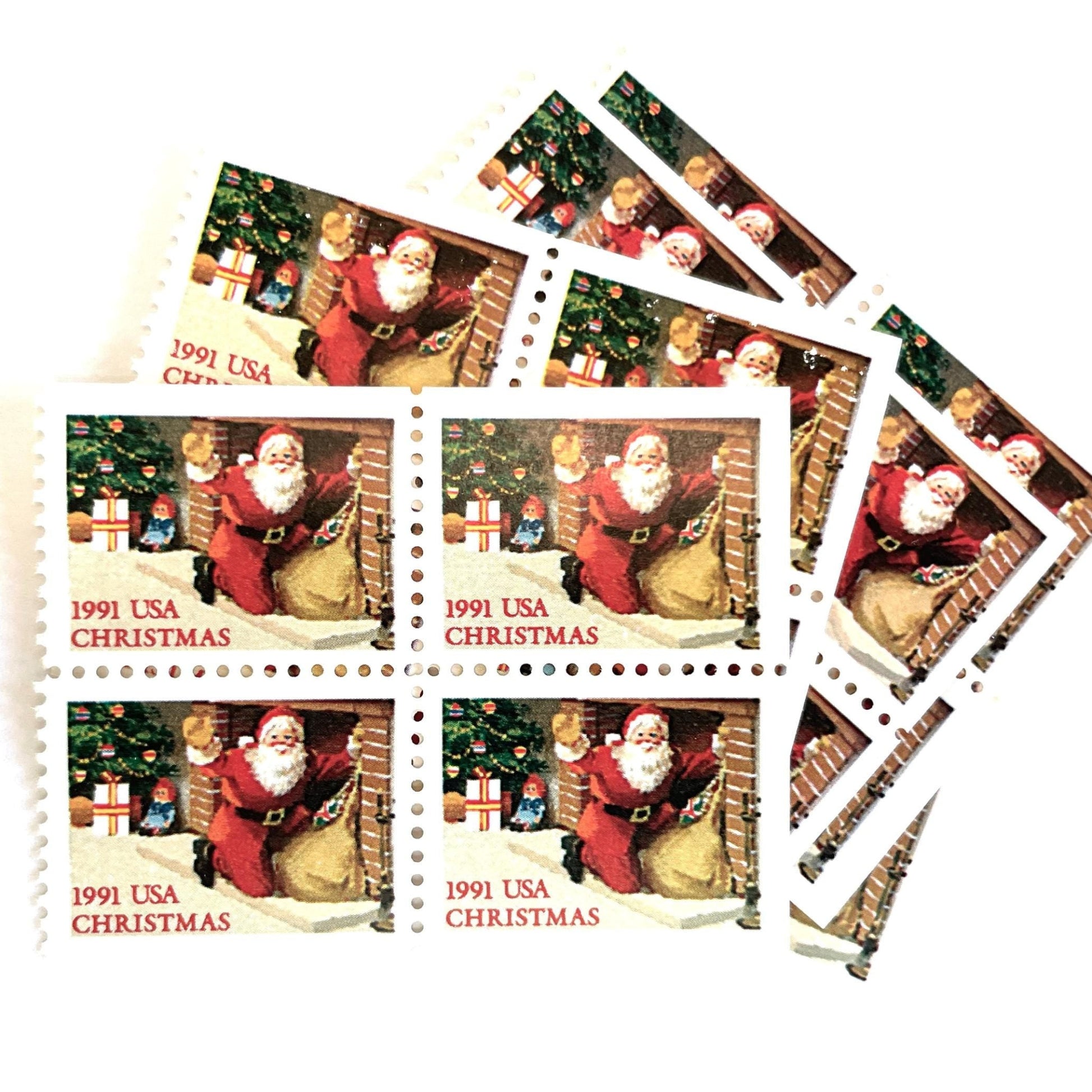Image of 1991 Contemporary Christmas “Santa in Fireplace” 29-cent mail stamps. Scott #2584. Stamp Themes: Santa Claus, Christmas, Xmas, Hearth. Red/multicolored postage stamp.