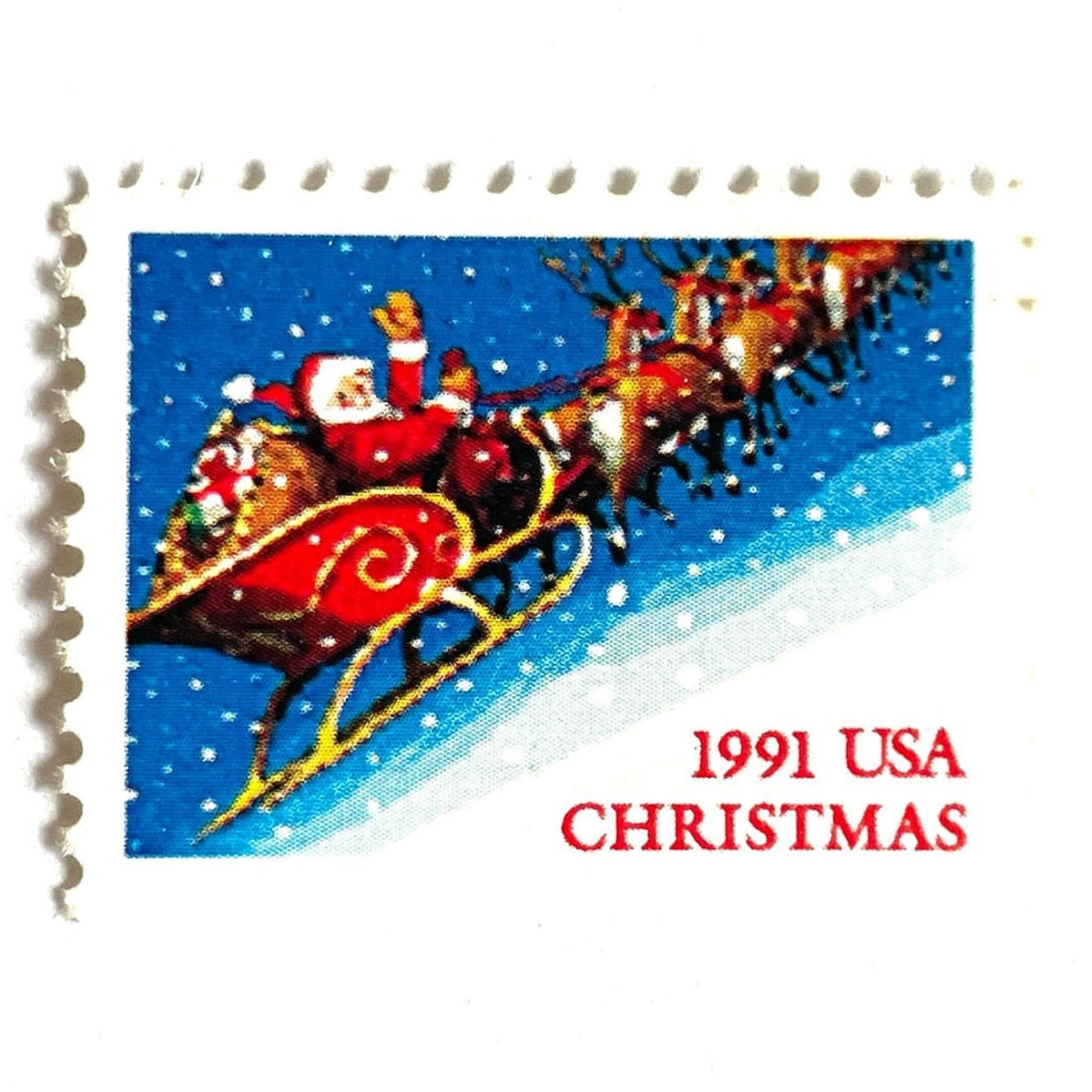 Image of 1991 Contemporary Christmas Series “Santa and Sleigh” 29-cent mail stamps. Scott #2585. Stamp Themes: Santa Claus, Santa’s Sleigh, Christmas, Holiday, Holidays, Winter, Night Sky, Snowing. Blue postage stamp.
