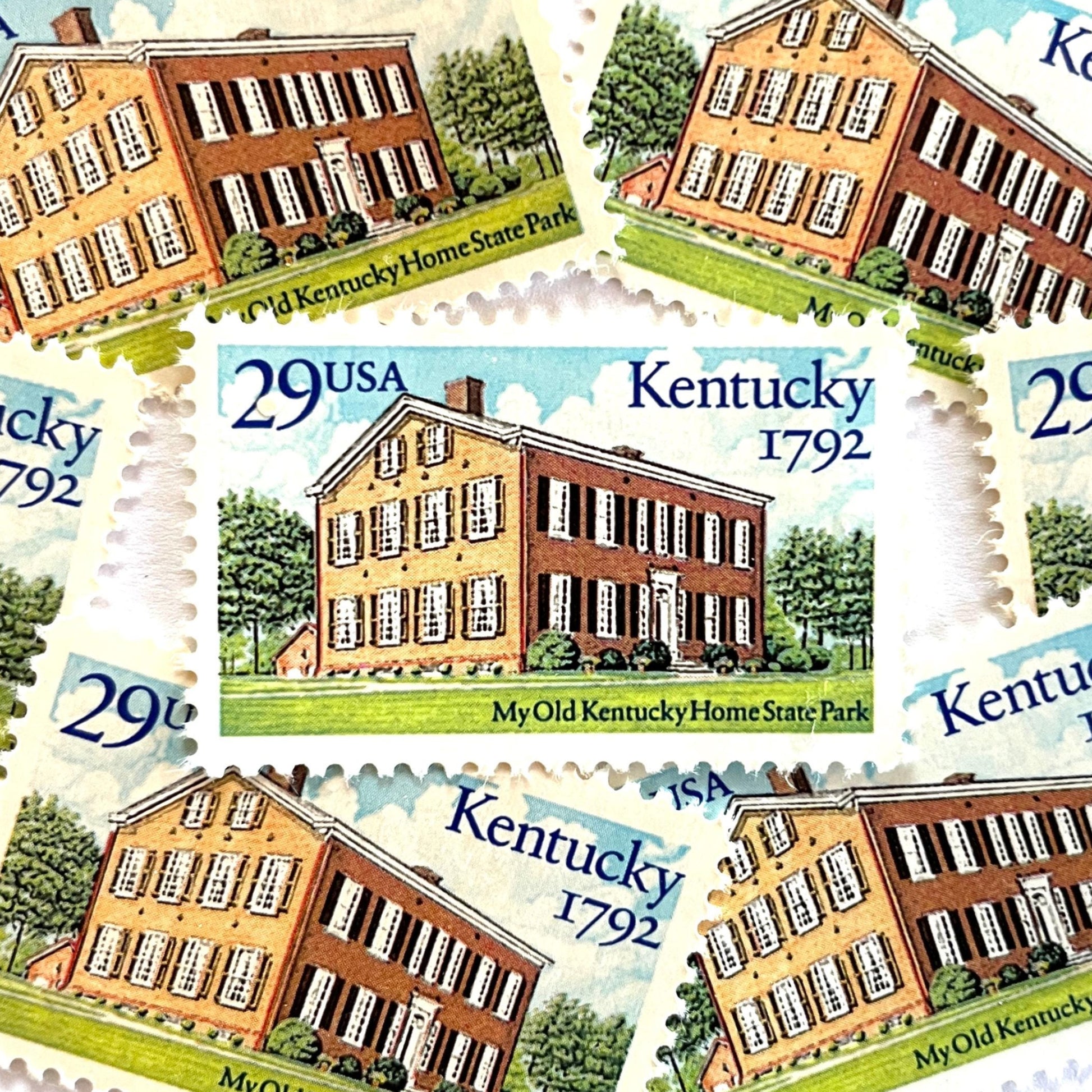 Image of Kentucky Statehood postage stamps from 1992, featuring Federal Hill, the historic Bardstown home associated with the song "My Old Kentucky Home", on vintage unused 29-cent USPS postage, Scott 2636.