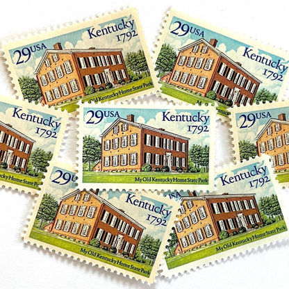 Image of Kentucky Statehood postage stamps from 1992, featuring Federal Hill, the historic Bardstown home associated with the song "My Old Kentucky Home", on vintage unused 29-cent USPS postage, Scott 2636.
