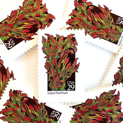 Image of 29-cent USPS postage stamp featuring red and green Indian Paintbrush flower from the 1992 American Wildflower Series