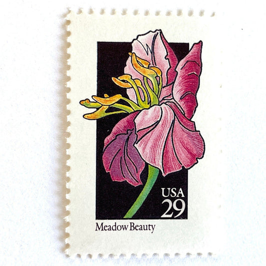 Image of 29-cent USPS postage stamp featuring a pink Meadow Beauty flower from the 1992 American Wildflower Series