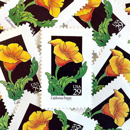 Image of 29-cent USPS postage stamps featuring an orange California Poppy flower from the 1992 American Wildflower Series (Scott #2651) California State Flower
