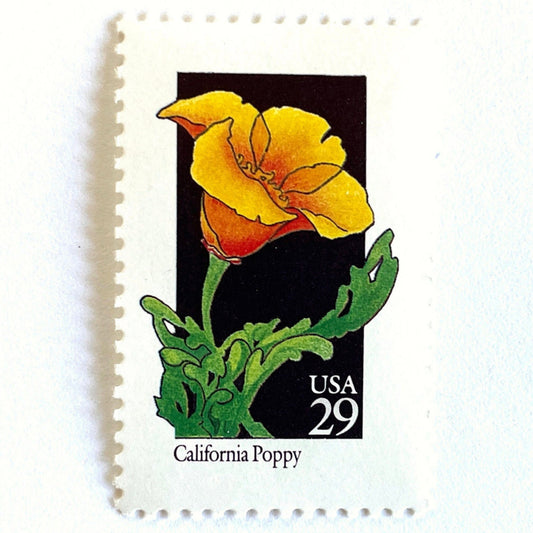 Image of 29-cent USPS postage stamp featuring an orange California Poppy flower from the 1992 American Wildflower Series (Scott #2651) California State Flower