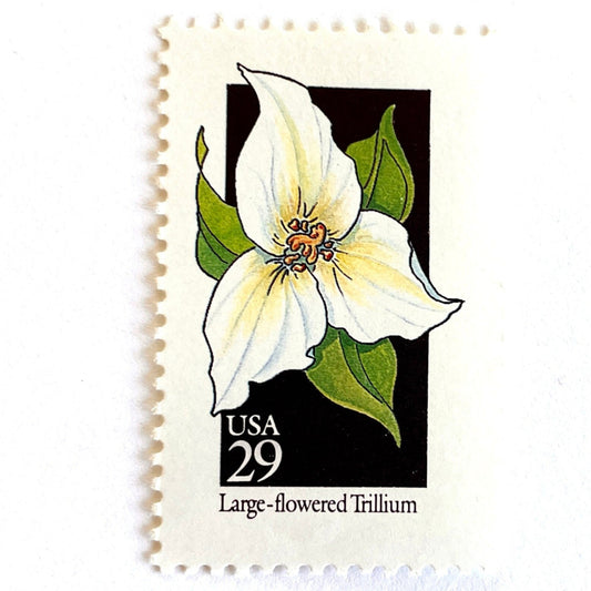 Image of 29-cent USPS postage stamp featuring a white Large-flowered Trillium flower from the 1992 American Wildflower Series (Scott #2652) Ohio State Wildflower