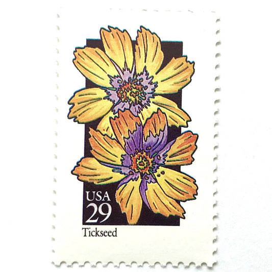 Image of 29-cent USPS postage stamp featuring a yellow Tickseed flower from the 1992 American Wildflower Series (Scott #2653)