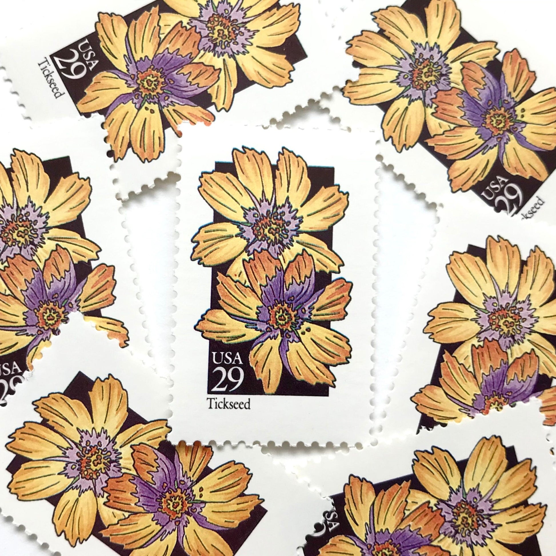 Image of 29-cent USPS postage stamps featuring a yellow Tickseed flower from the 1992 American Wildflower Series (Scott #2653)