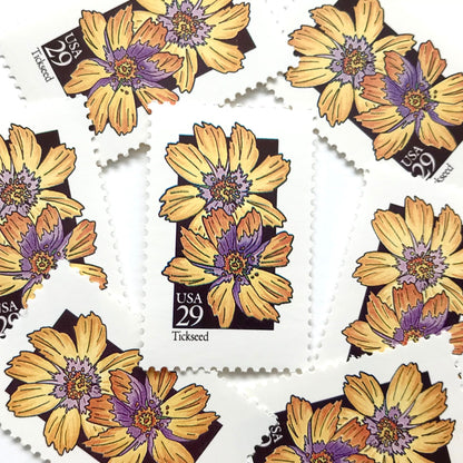 Image of 29-cent USPS postage stamps featuring a yellow Tickseed flower from the 1992 American Wildflower Series (Scott #2653)