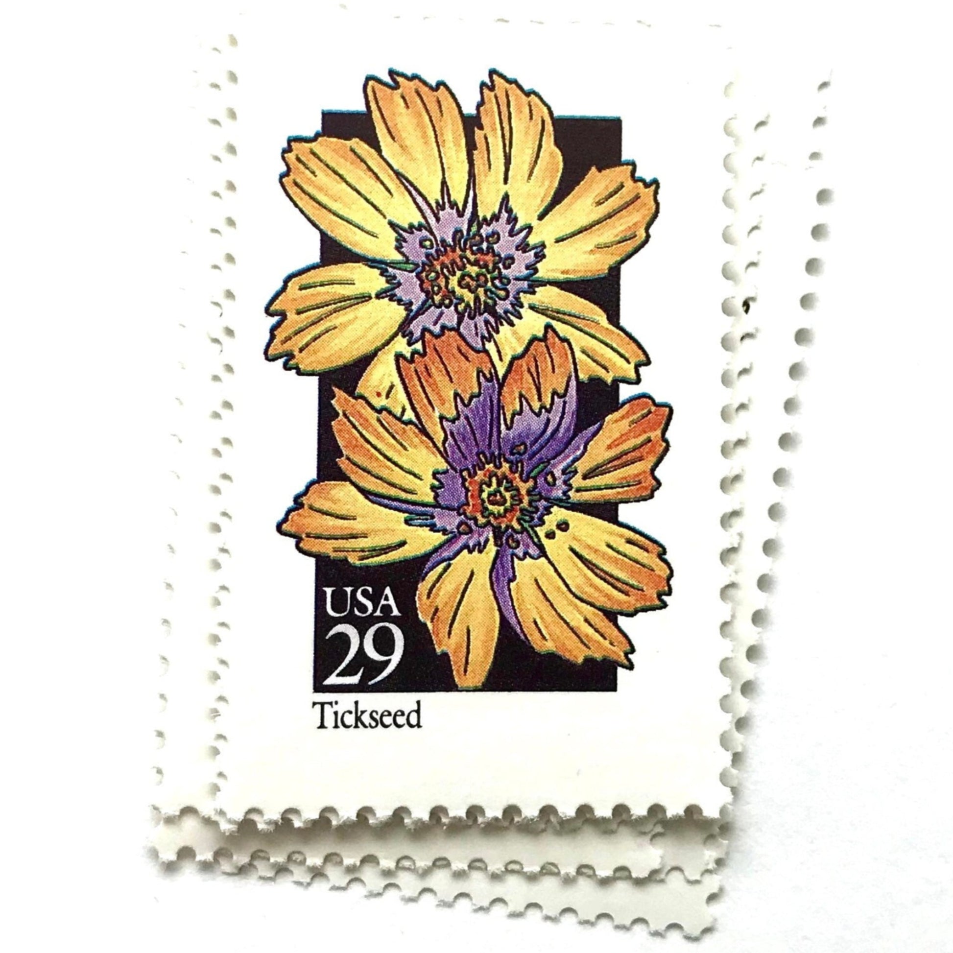 Image of 29-cent USPS postage stamps featuring a yellow Tickseed flower from the 1992 American Wildflower Series (Scott #2653)