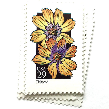 Image of 29-cent USPS postage stamps featuring a yellow Tickseed flower from the 1992 American Wildflower Series (Scott #2653)