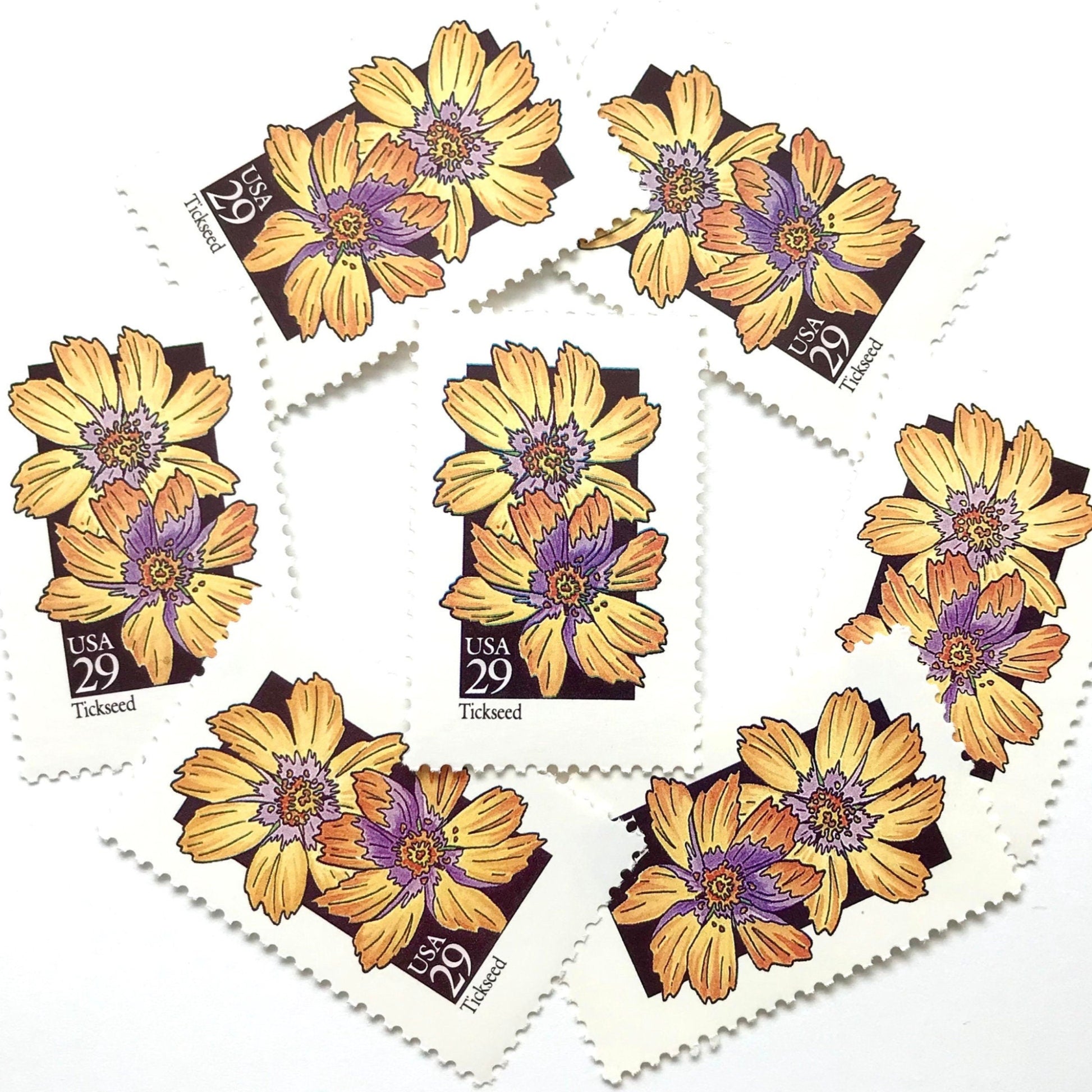 Image of 29-cent USPS postage stamps featuring a yellow Tickseed flower from the 1992 American Wildflower Series (Scott #2653)