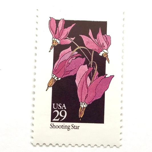 Image of 29-cent USPS postage stamp featuring a pink Shooting Star flower from the 1992 American Wildflower Series (Scott #2654)