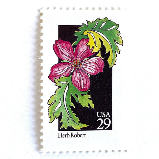 Image of 29-cent USPS postage stamp featuring a pink Herb Robert flower from the 1992 American Wildflower Series (Scott #2657)