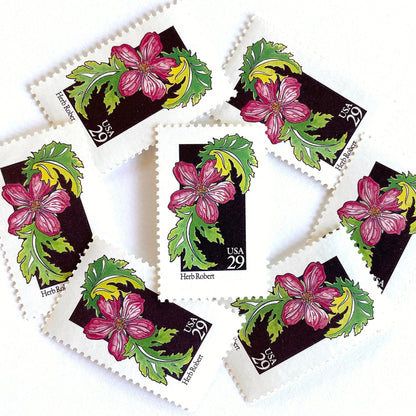 Image of 29-cent USPS postage stamps featuring a pink Herb Robert flower from the 1992 American Wildflower Series (Scott #2657)