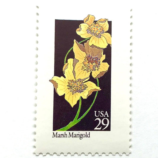 Image of 29-cent USPS postage stamp featuring a yellow Marsh Marigold flower from the 1992 American Wildflower Series (Scott #2658)