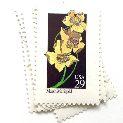 Image of 29-cent USPS postage stamps featuring a yellow Marsh Marigold flower from the 1992 American Wildflower Series (Scott #2658)