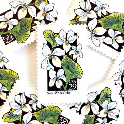 Image of 1992 American Wildflower Series “Sweet White Violet” vintage USPS mail stamps. Scott #2659. Stamp Themes: Plants, Flowers, Wildflowers, Flora. White, Green, Black, Multicolored gummed postage stamp. Perfect postage stamp to use for save the date announcements, wedding invitation postage, bridal shower invitations, birth announcements, valentine’s day, thank you cards, and snail mail.