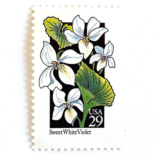 Image of 1992 American Wildflower Series “Sweet White Violet” vintage USPS mail stamps. Scott #2659. Stamp Themes: Plants, Flowers, Wildflowers, Flora. White, Green, Black, Multicolored gummed postage stamp. Perfect postage stamp to use for save the date announcements, wedding invitation postage, bridal shower invitations, birth announcements, valentine’s day, thank you cards, and snail mail.