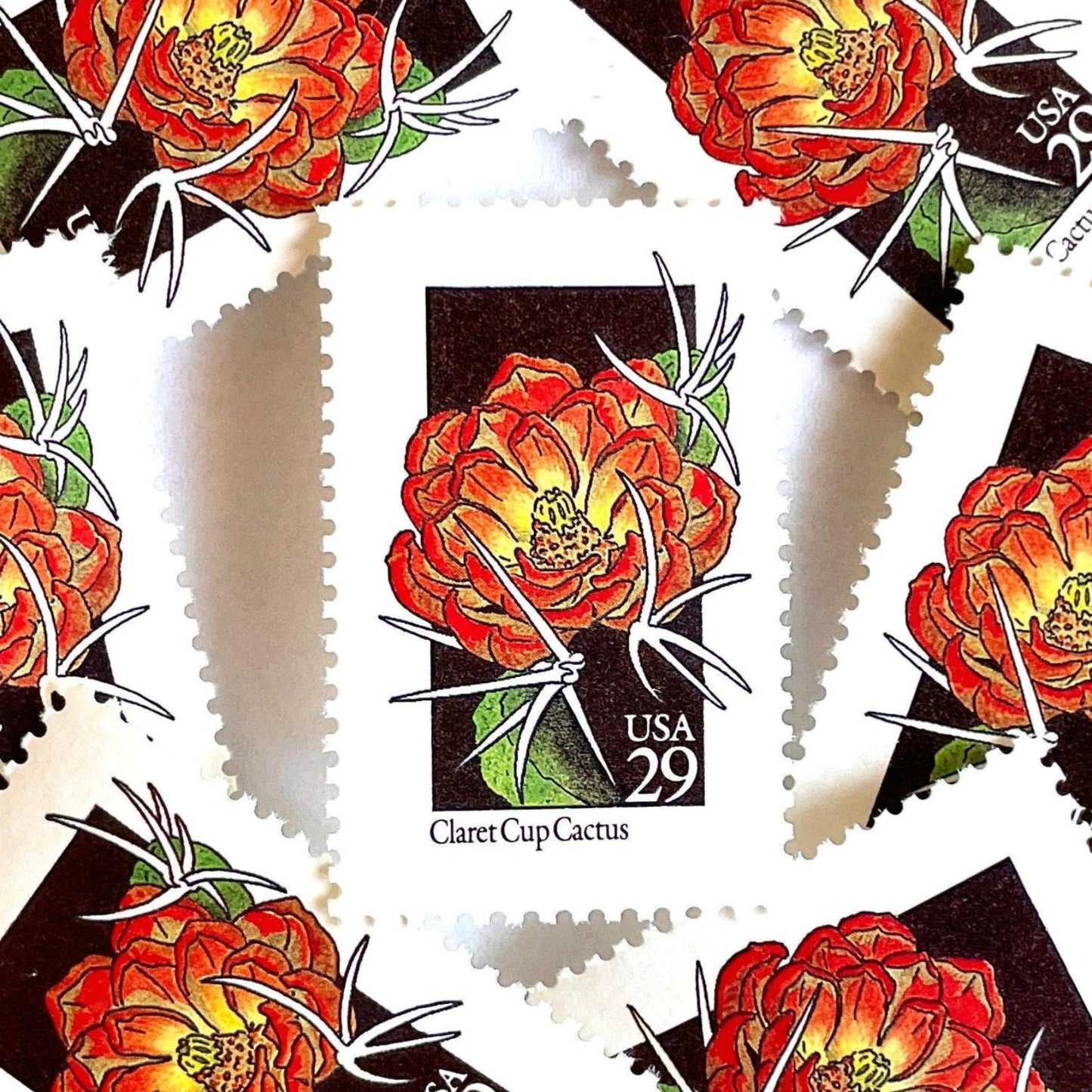 Image of 1992 American Wildflower Series “Claret Cup Cactus” vintage USPS mail stamps. Scott #2660. Stamp Themes: Plants, Flowers, Wildflowers, Flora. Red, Orange, Green, Multicolored gummed postage stamp. Perfect postage stamp to use for save the date announcements, wedding invitation postage, bridal shower invitations, birth announcements, valentine’s day, thank you cards, and snail mail.