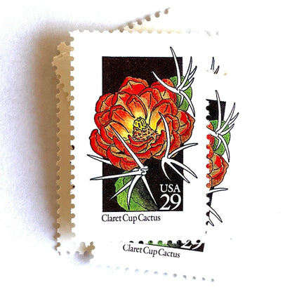 Image of 1992 American Wildflower Series “Claret Cup Cactus” vintage USPS mail stamps. Scott #2660. Stamp Themes: Plants, Flowers, Wildflowers, Flora. Red, Orange, Green, Multicolored gummed postage stamp. Perfect postage stamp to use for save the date announcements, wedding invitation postage, bridal shower invitations, birth announcements, valentine’s day, thank you cards, and snail mail.