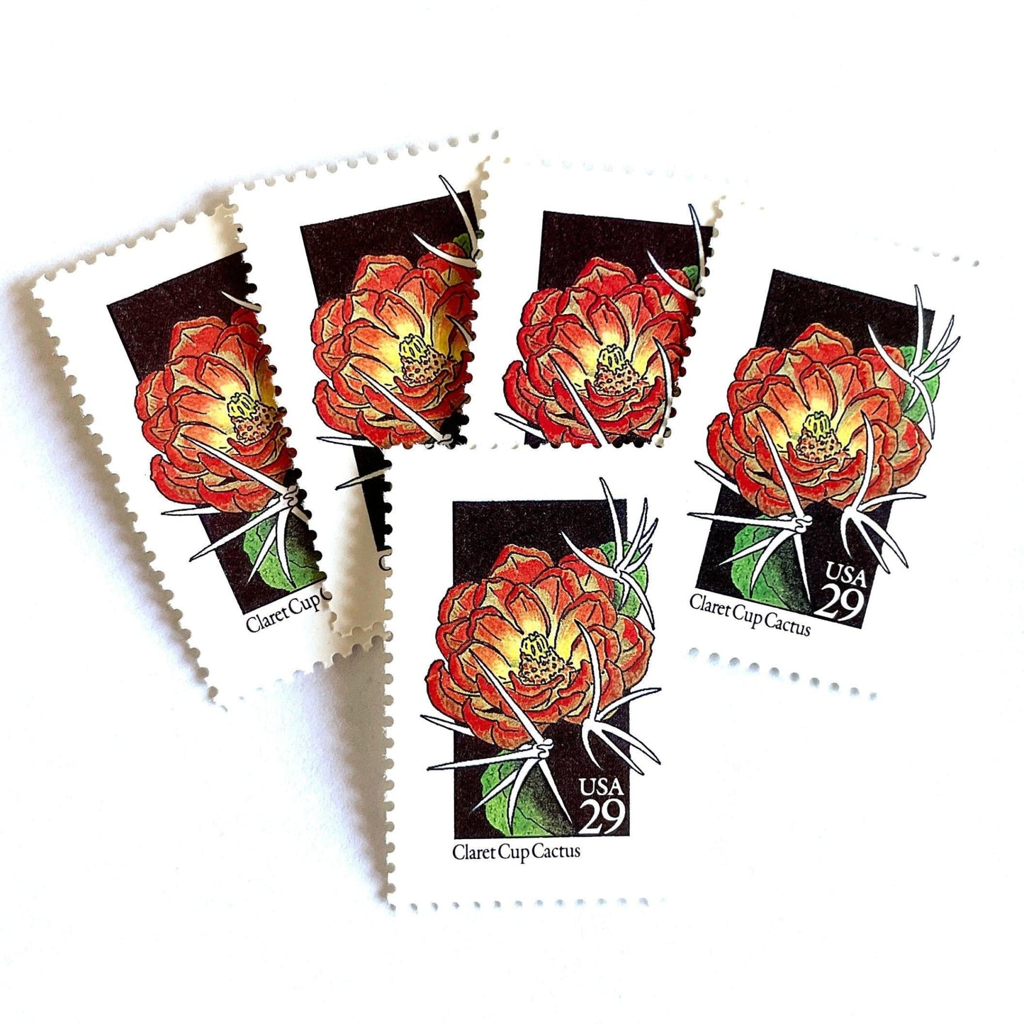 Image of 1992 American Wildflower Series “Claret Cup Cactus” vintage USPS mail stamps. Scott #2660. Stamp Themes: Plants, Flowers, Wildflowers, Flora. Red, Orange, Green, Multicolored gummed postage stamp. Perfect postage stamp to use for save the date announcements, wedding invitation postage, bridal shower invitations, birth announcements, valentine’s day, thank you cards, and snail mail.