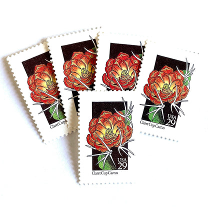 Image of 1992 American Wildflower Series “Claret Cup Cactus” vintage USPS mail stamps. Scott #2660. Stamp Themes: Plants, Flowers, Wildflowers, Flora. Red, Orange, Green, Multicolored gummed postage stamp. Perfect postage stamp to use for save the date announcements, wedding invitation postage, bridal shower invitations, birth announcements, valentine’s day, thank you cards, and snail mail.