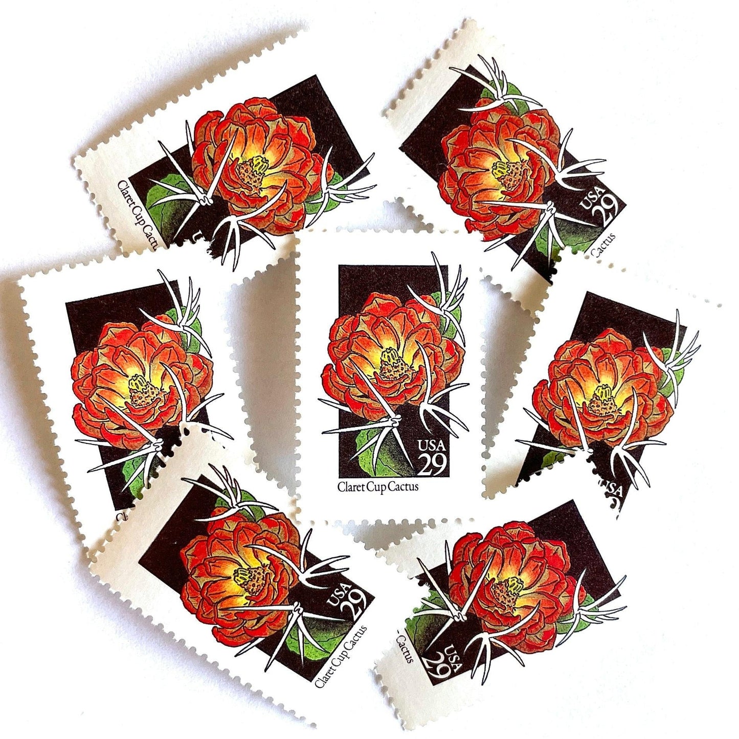 Image of 1992 American Wildflower Series “Claret Cup Cactus” vintage USPS mail stamps. Scott #2660. Stamp Themes: Plants, Flowers, Wildflowers, Flora. Red, Orange, Green, Multicolored gummed postage stamp. Perfect postage stamp to use for save the date announcements, wedding invitation postage, bridal shower invitations, birth announcements, valentine’s day, thank you cards, and snail mail.