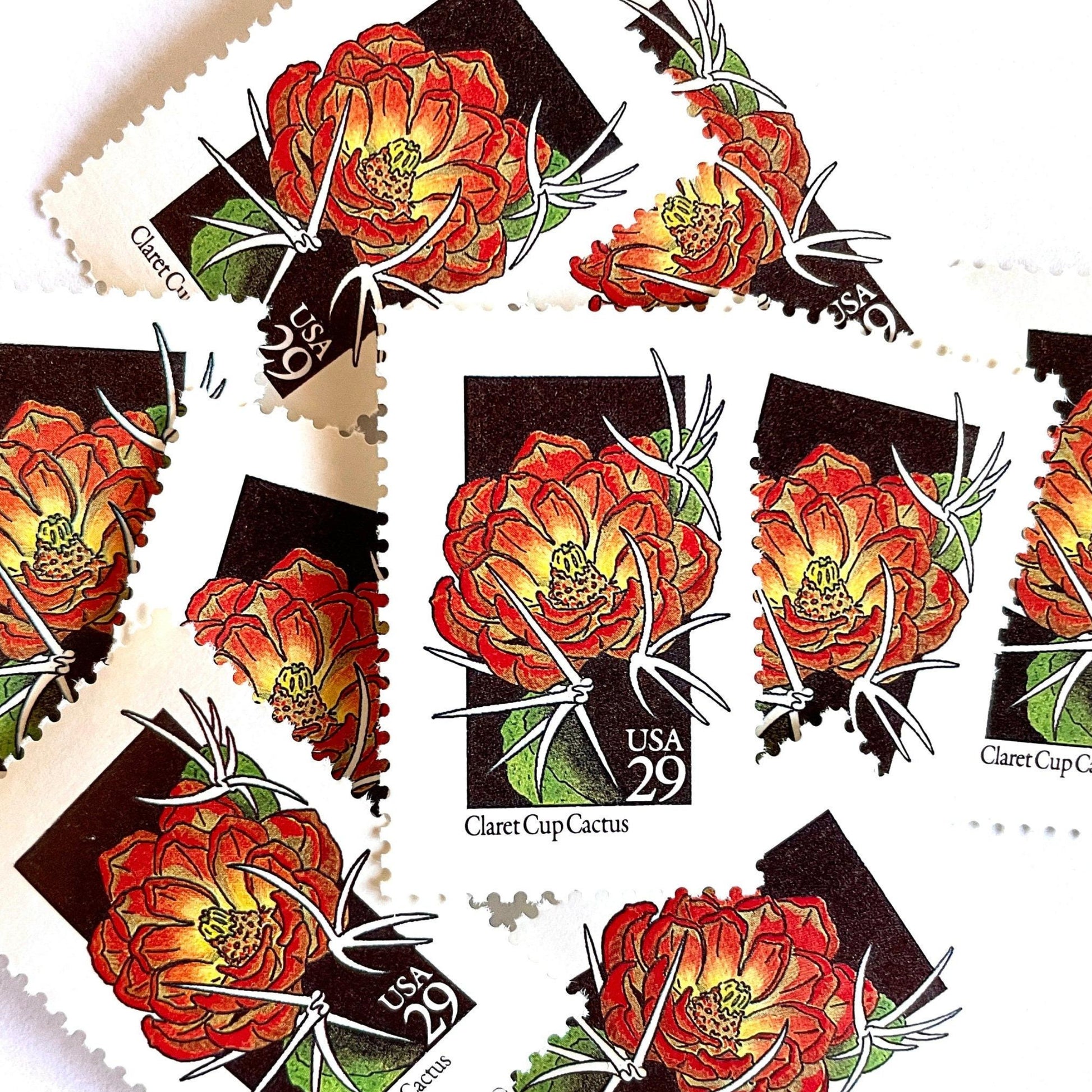 Image of 1992 American Wildflower Series “Claret Cup Cactus” vintage USPS mail stamps. Scott #2660. Stamp Themes: Plants, Flowers, Wildflowers, Flora. Red, Orange, Green, Multicolored gummed postage stamp. Perfect postage stamp to use for save the date announcements, wedding invitation postage, bridal shower invitations, birth announcements, valentine’s day, thank you cards, and snail mail.